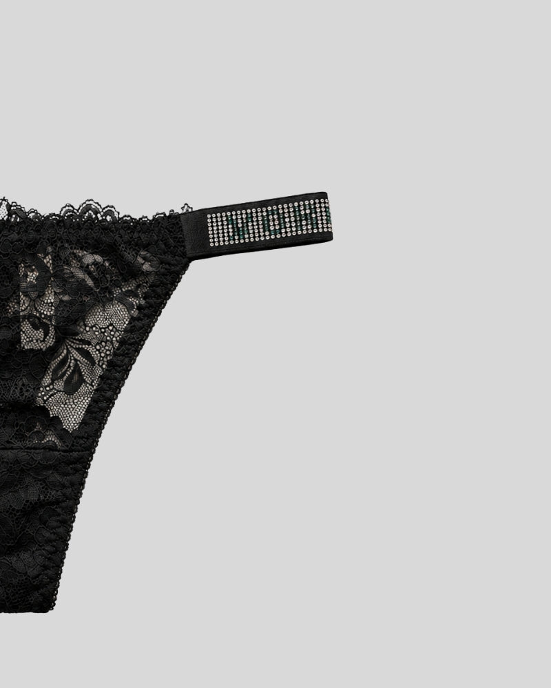 Black Floral Lace Thong Panty