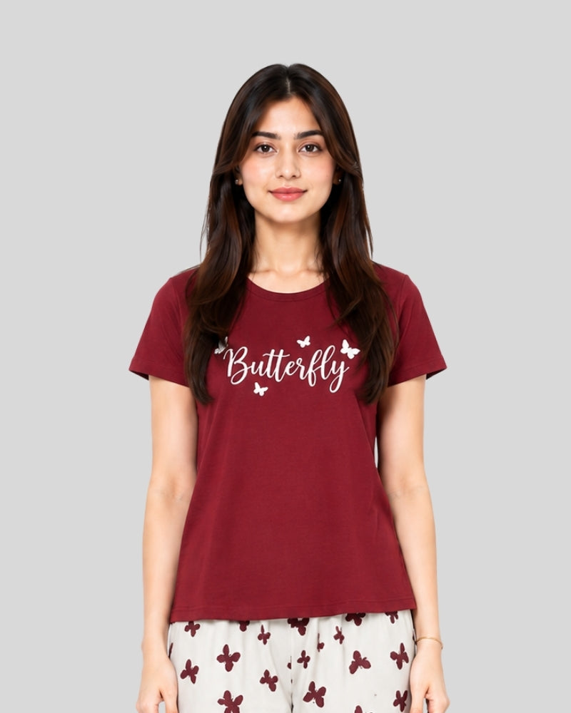 Maroon Small Leaves Printed PJ Set