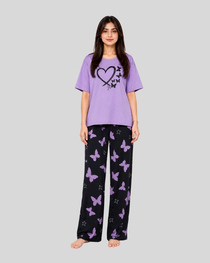 Purple Heart & Butterfly Printed PJ Set