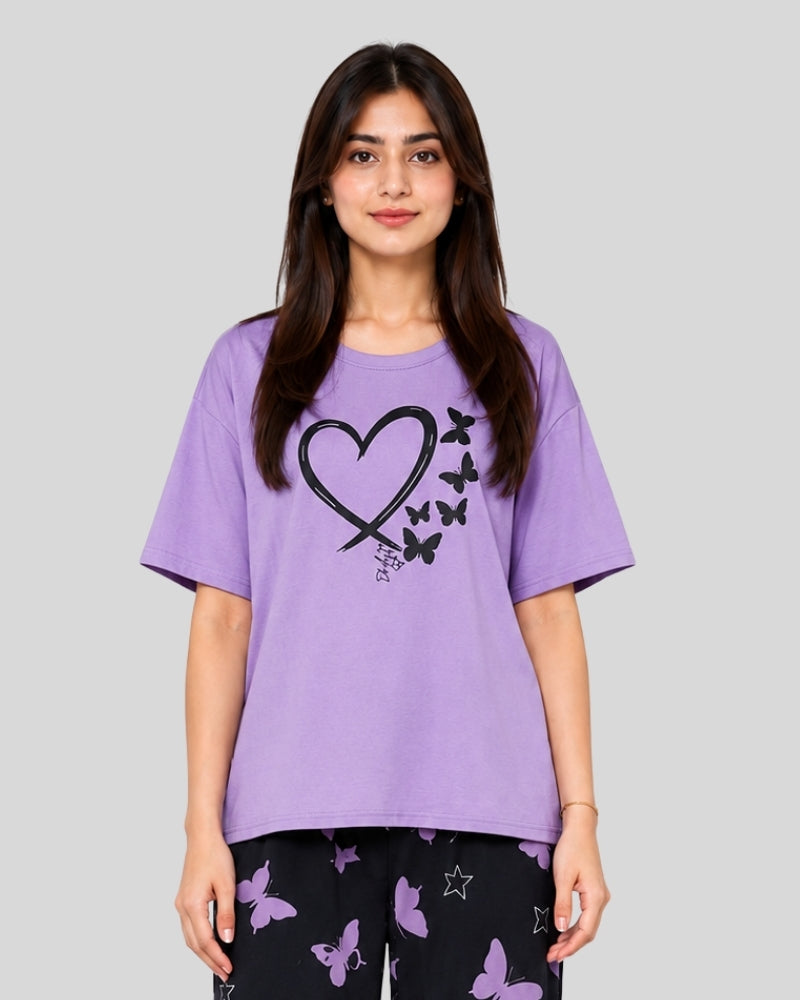 Purple Heart & Butterfly Printed PJ Set