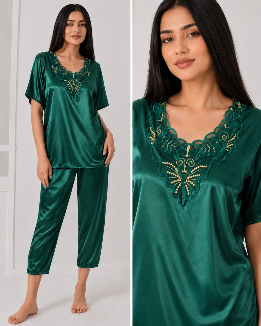 Emerald Elegance Satin PJ Set