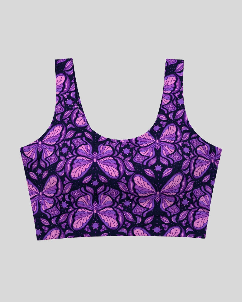 Purple Butterfly Print Sports Bra