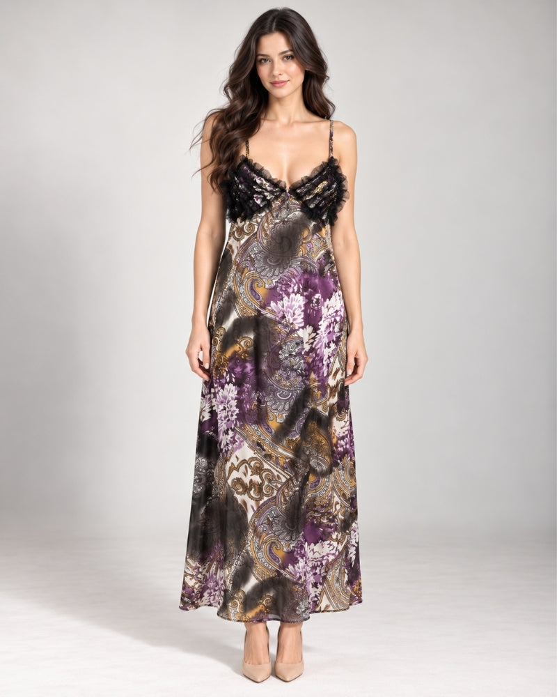 Royal Plum Paisley Satin Maxi Nightdress