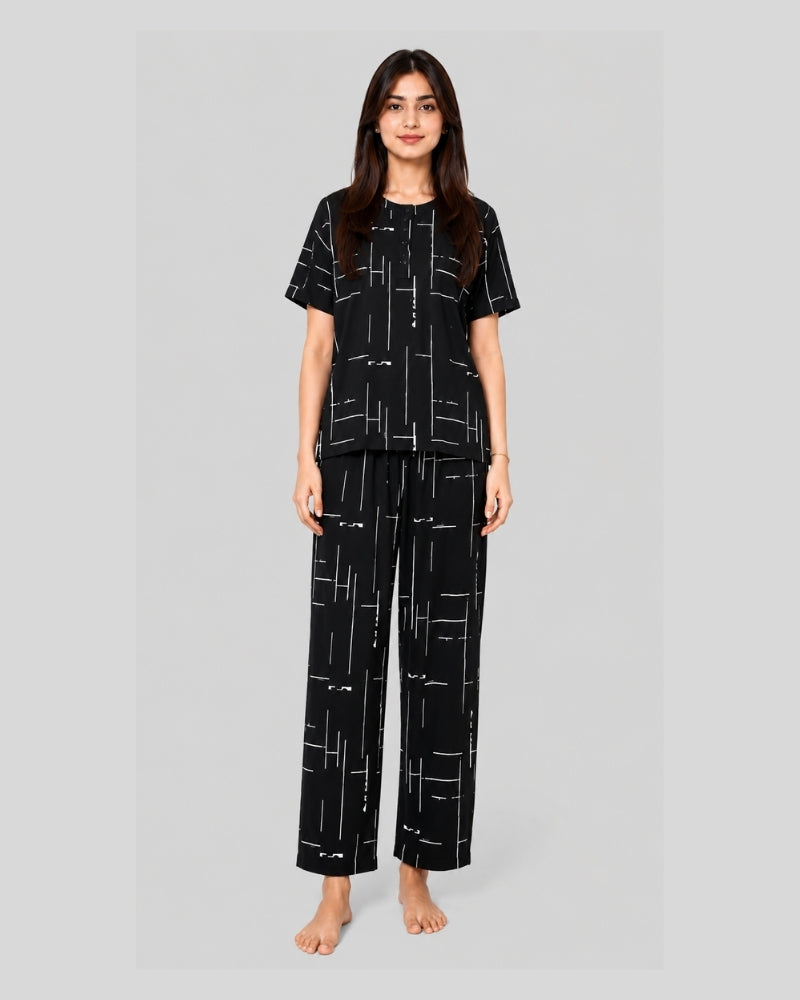 Black Luxe Printed PJ Set ( Black Capri )