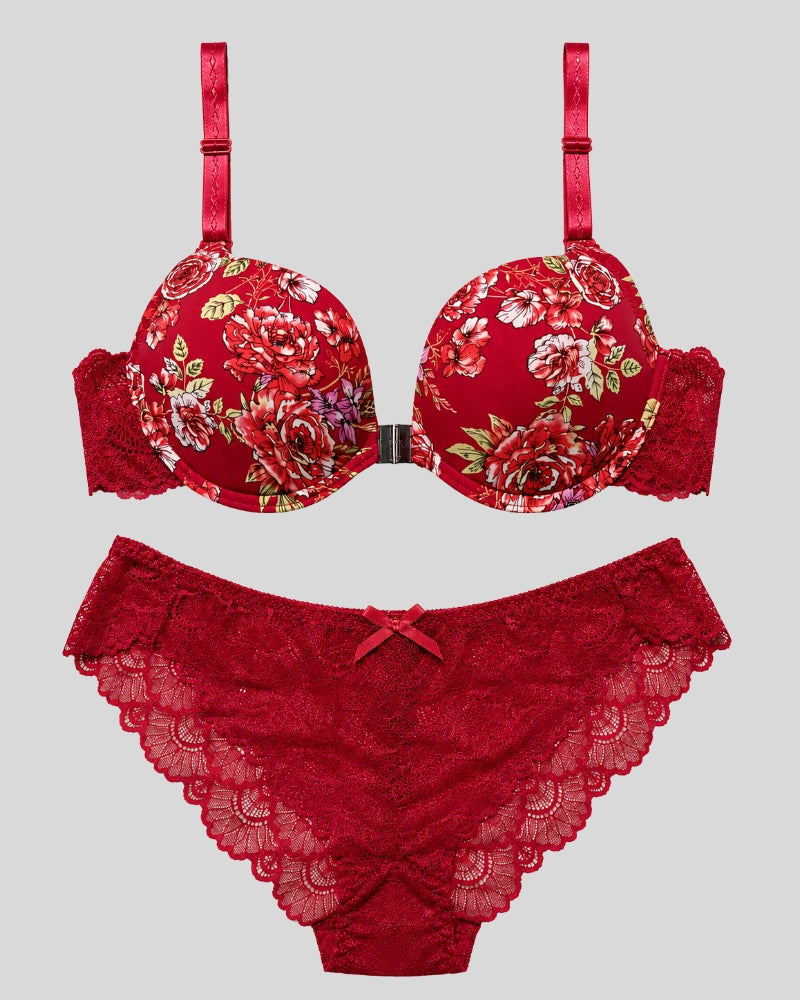 Red Floral Lace Push-Up Bra & Panty Set
