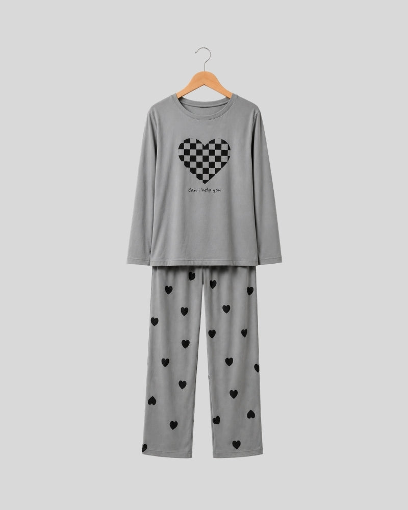 Silver Heart Printed PJ Set ( Grey Puzzle )