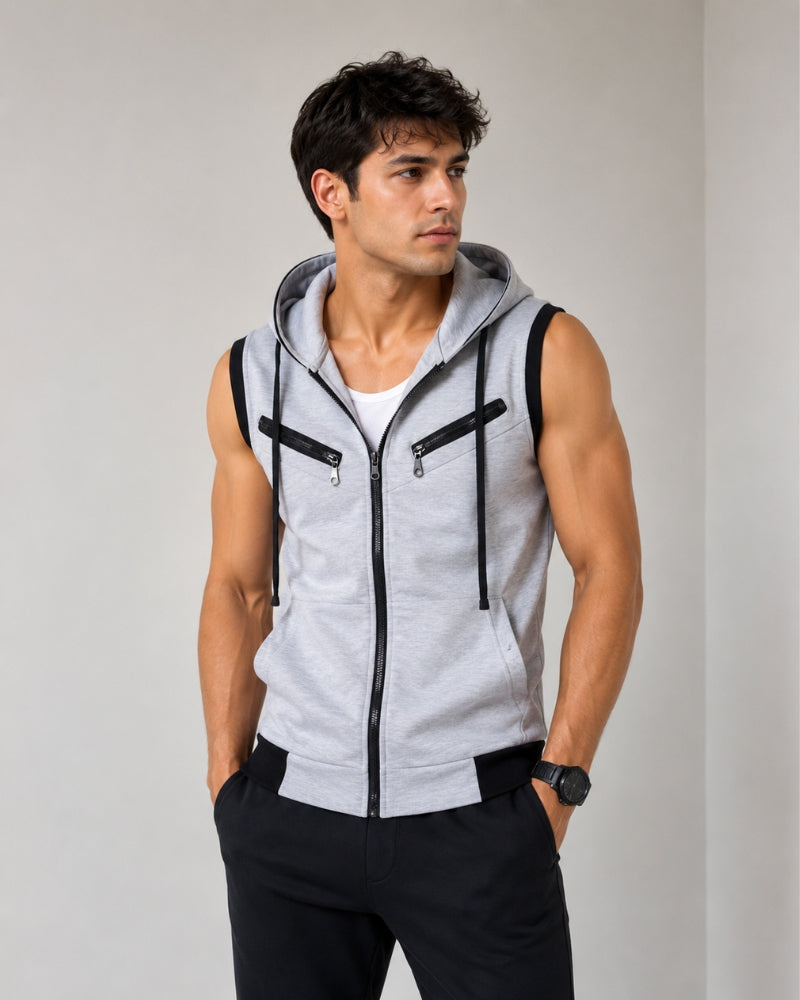 Light Grey Hooded Utility Vest ( Grey Sleeveless )