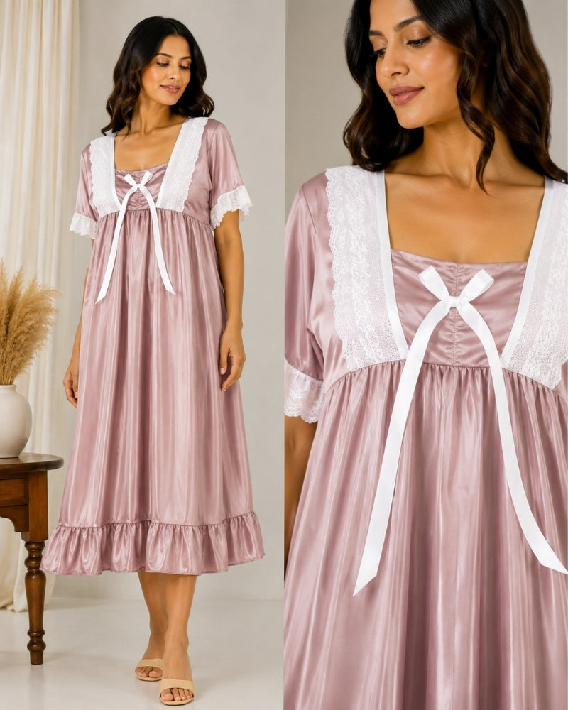 Dusty Rose Lace Satin Maxi Nightdress