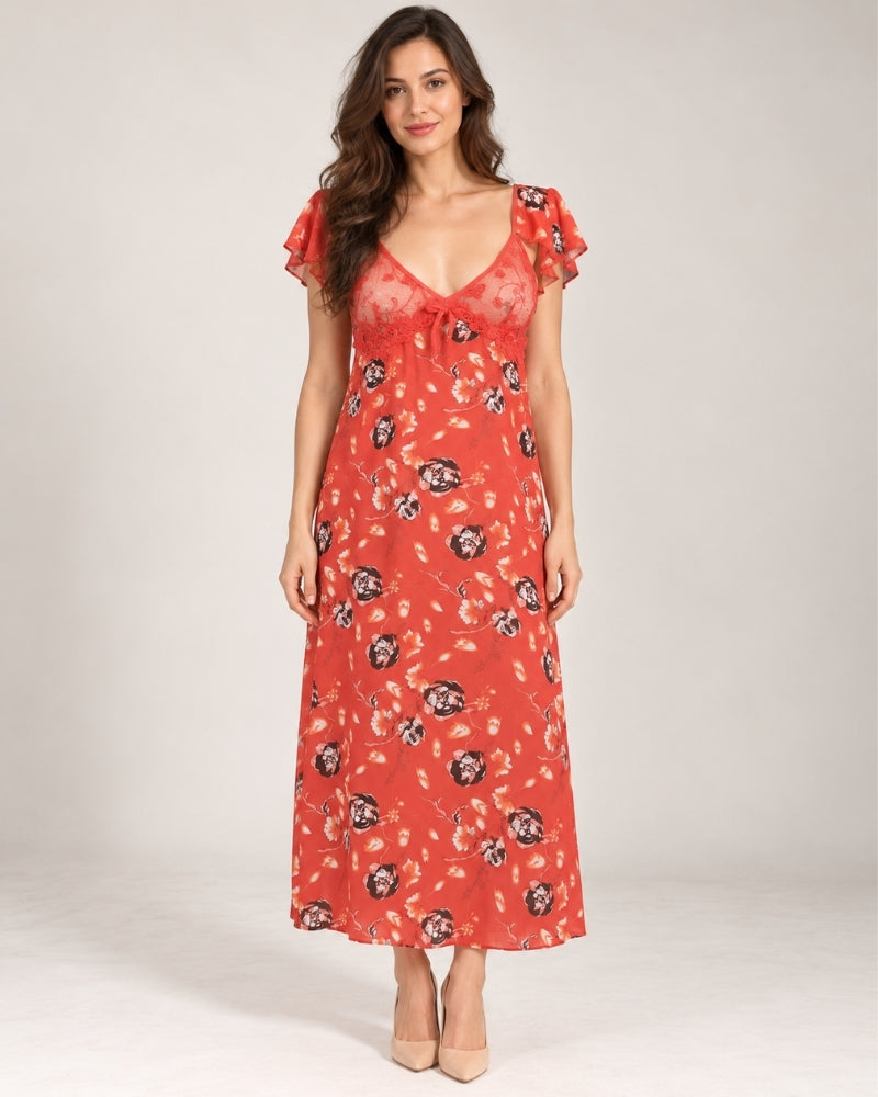 Coral Bloom Lace Maxi Nightdress