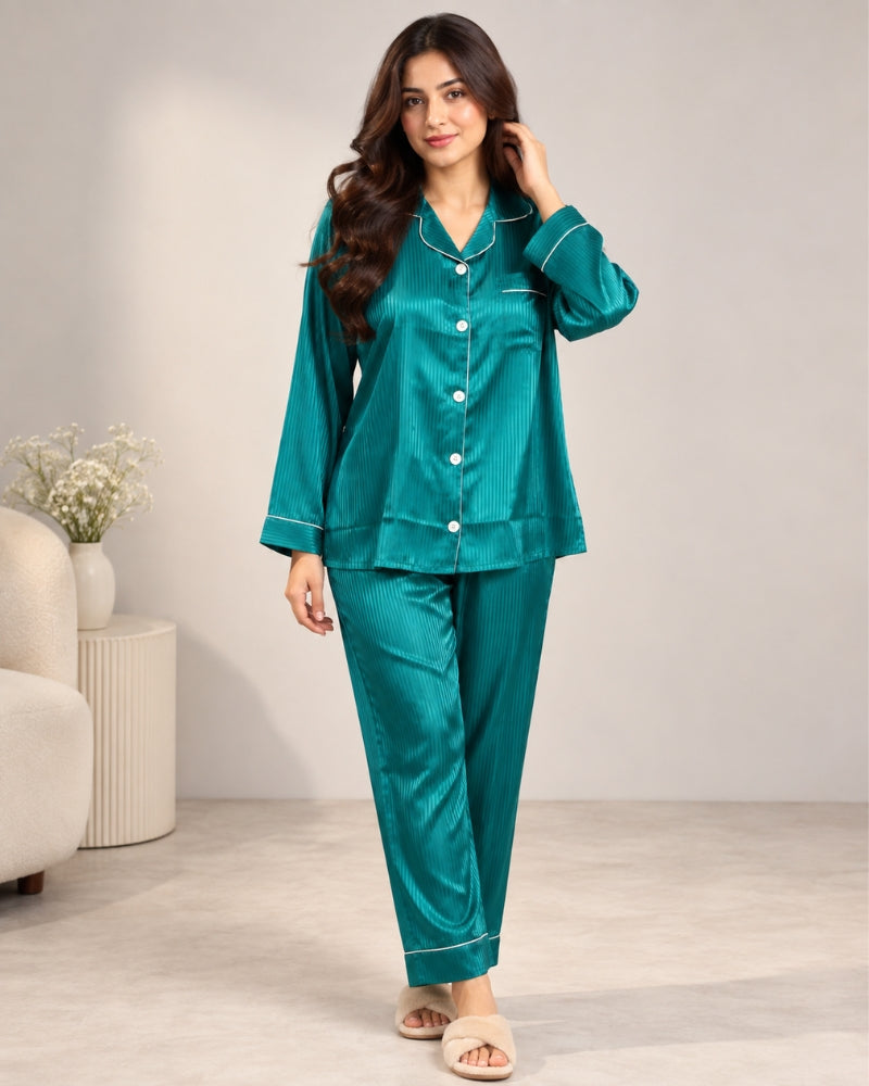 Teal Stripe Satin Pajama Set