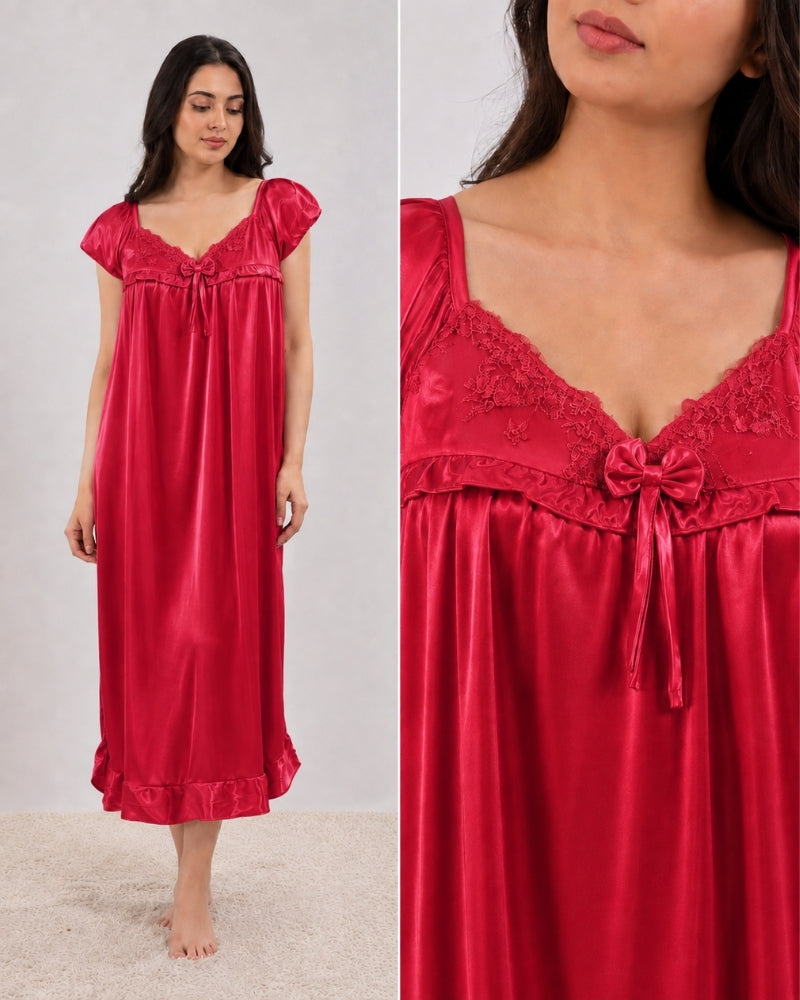 Ruby Red Blossom Lace Satin Maxi Nightdress