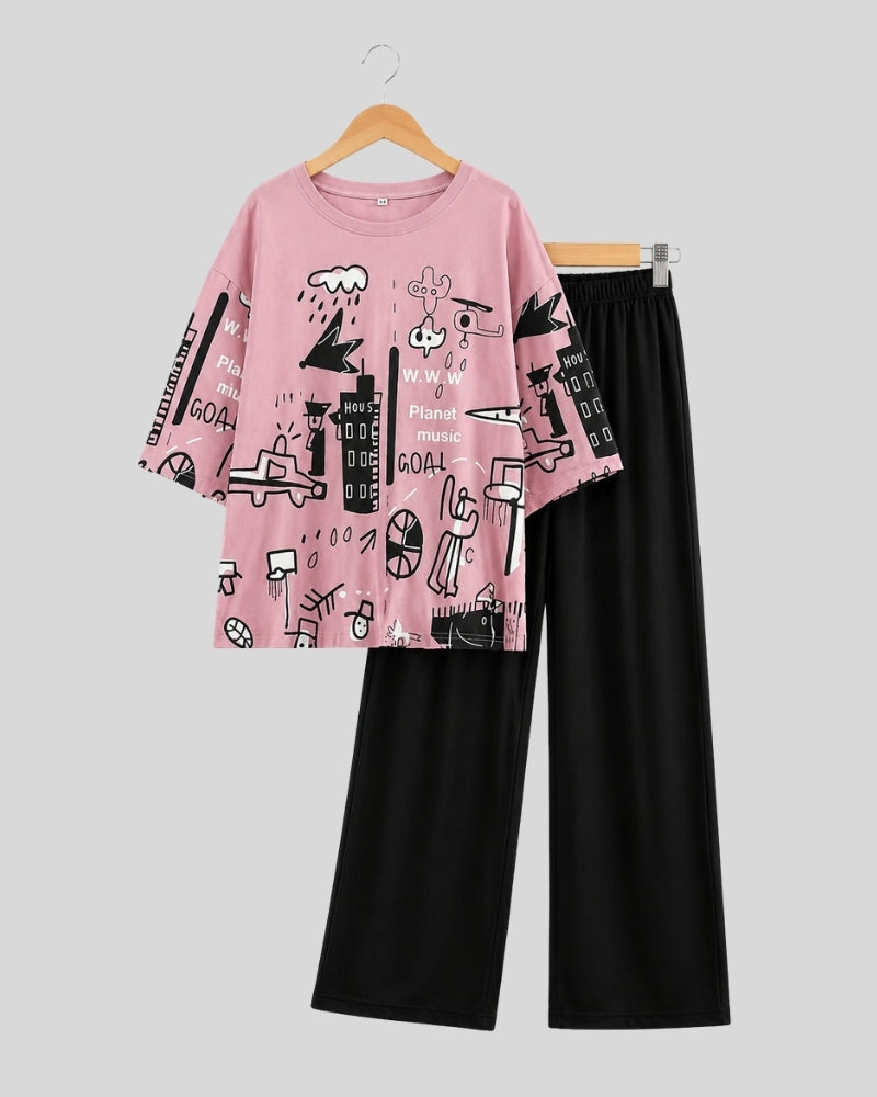 Pink Sketch Printed PJ Set ( Pink Planet )