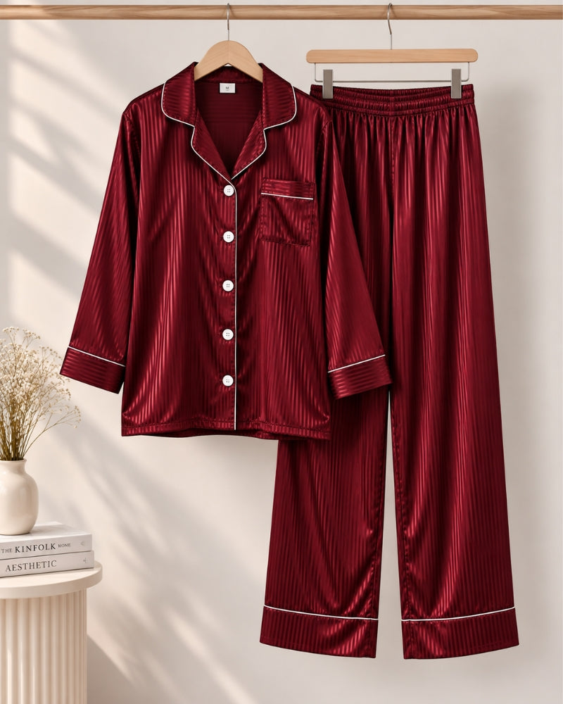 Wine Burgundy Stripe Satin Pajama Set