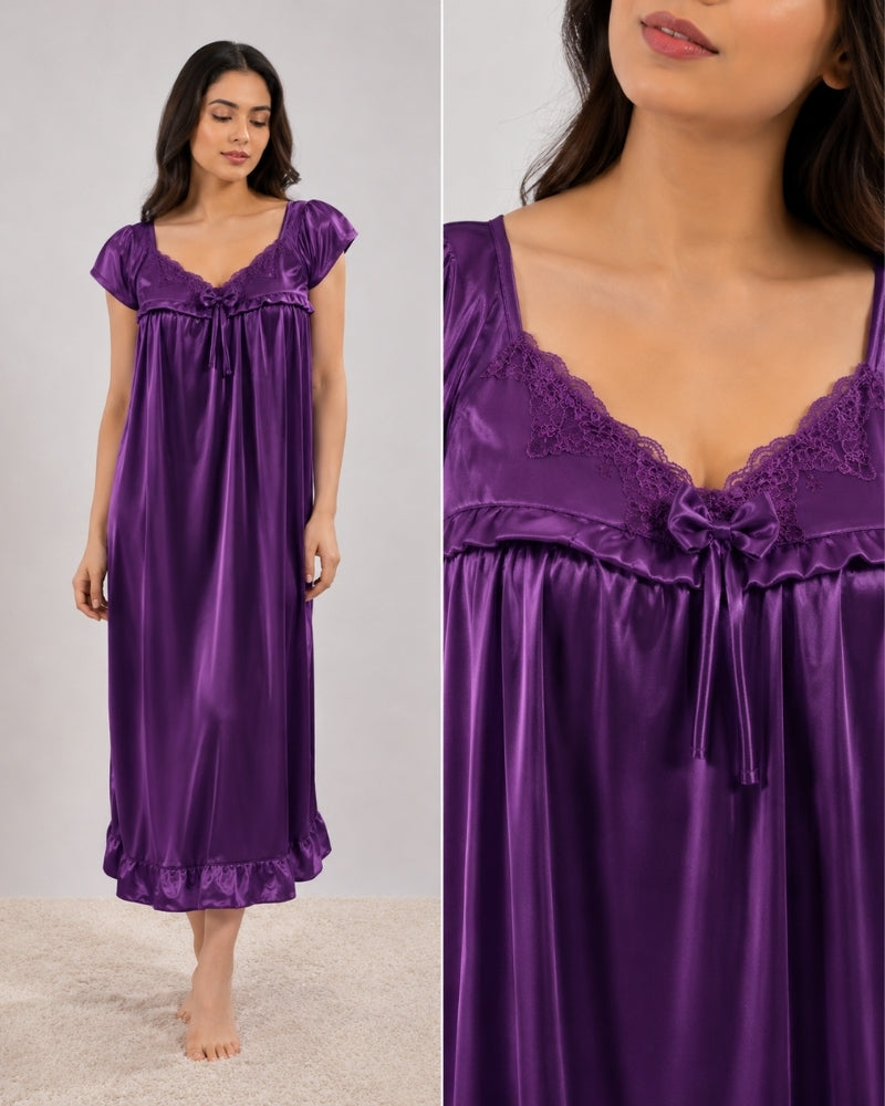 Royal Purple Blossom Lace Satin Maxi Nightdress