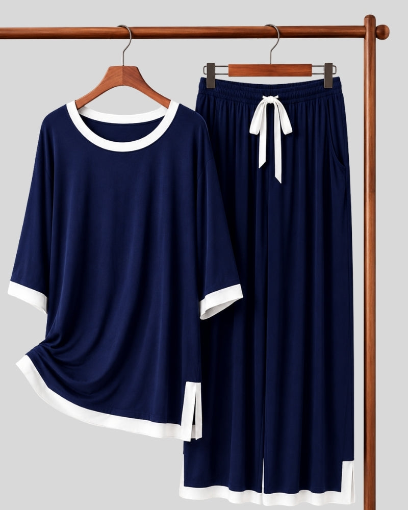 Navy Blue White Round Neck Lounge PJ Set