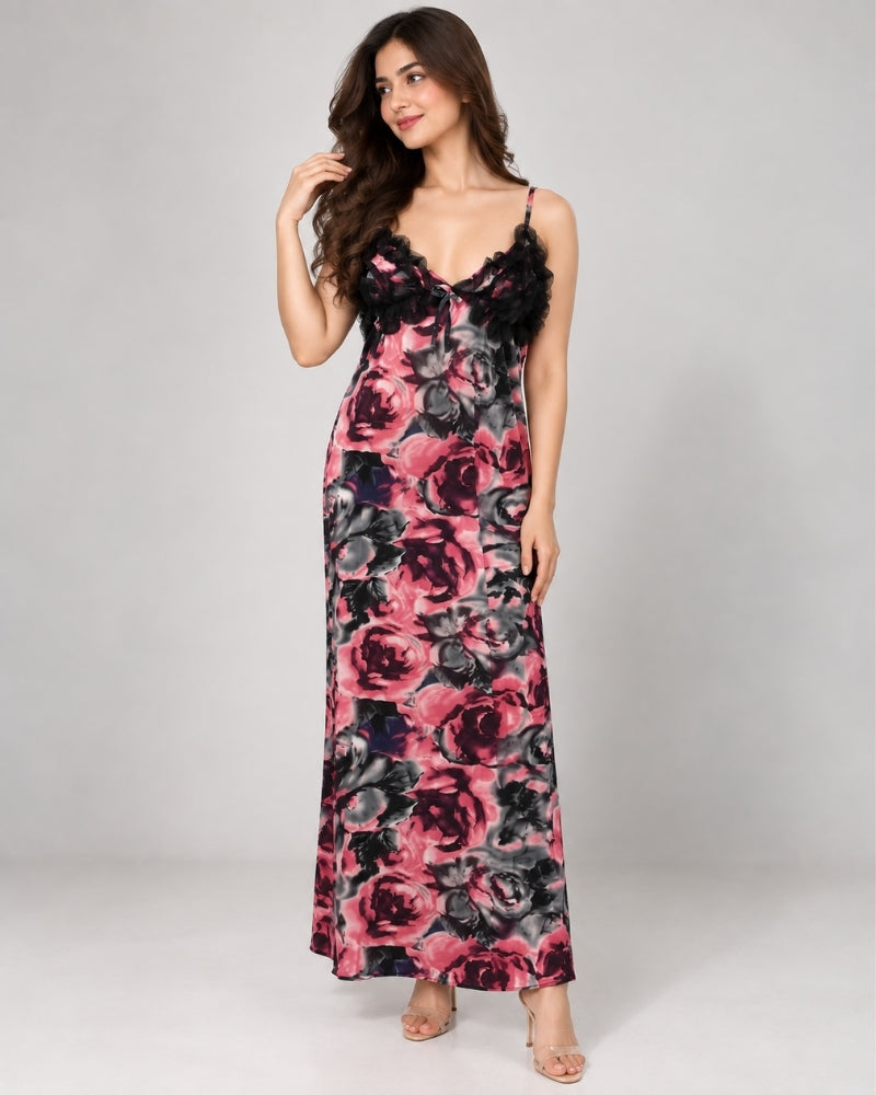 Rose Noir Floral Satin Maxi Nightdress