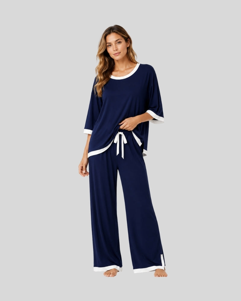 Navy Blue White Round Neck Lounge PJ Set