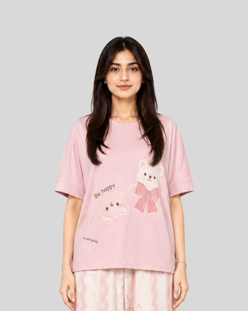 Pink Cute Bear Printed PJ Set