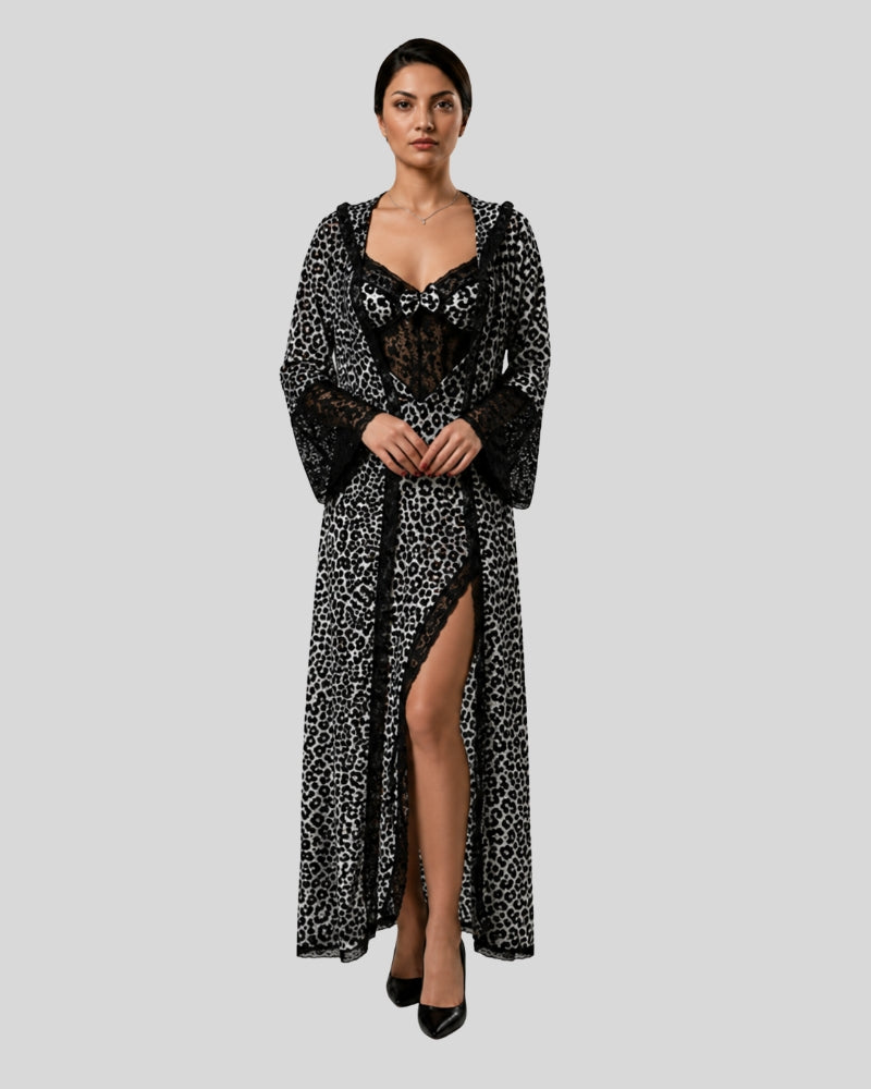 Grey Leopard Lace Three-Piece Robe Set