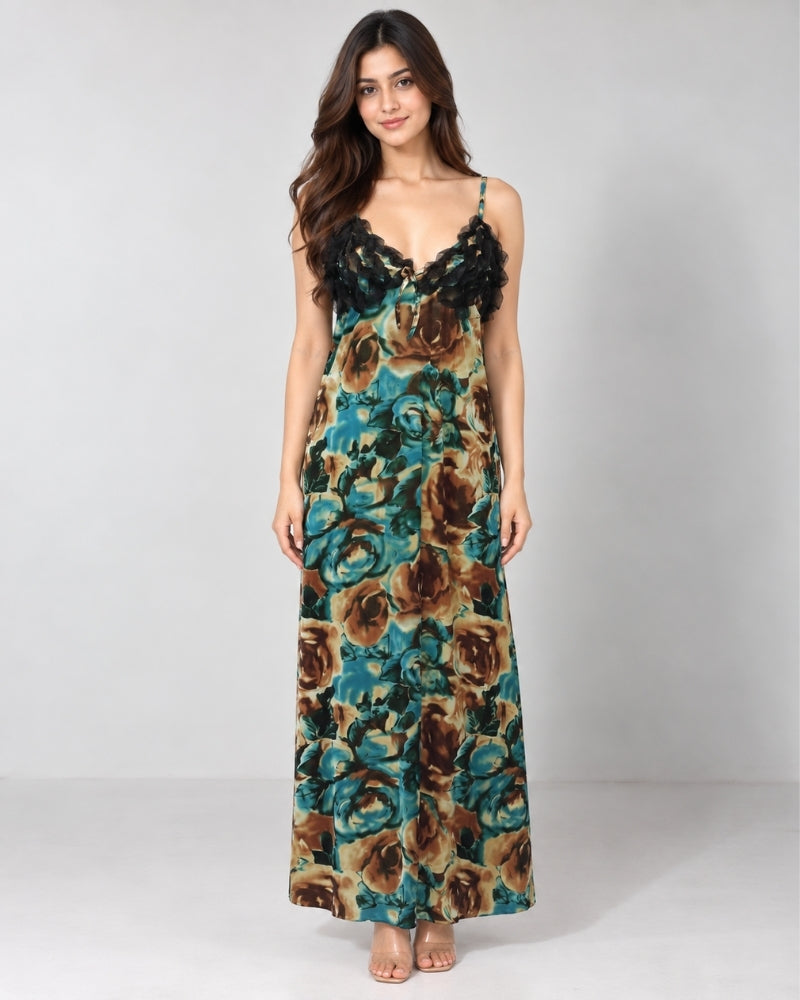 Teal Mocha Floral Satin Maxi Nightdress