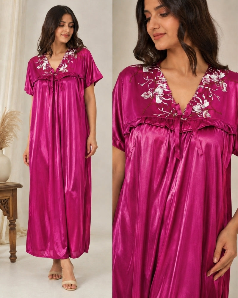 Fuchsia Bloom Satin Maxi Nightdress