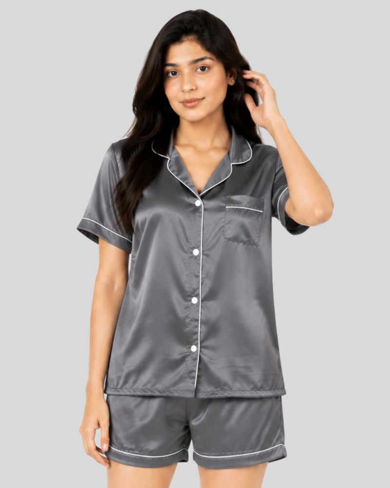 Charcoal Grey Satin Piping Night Suit