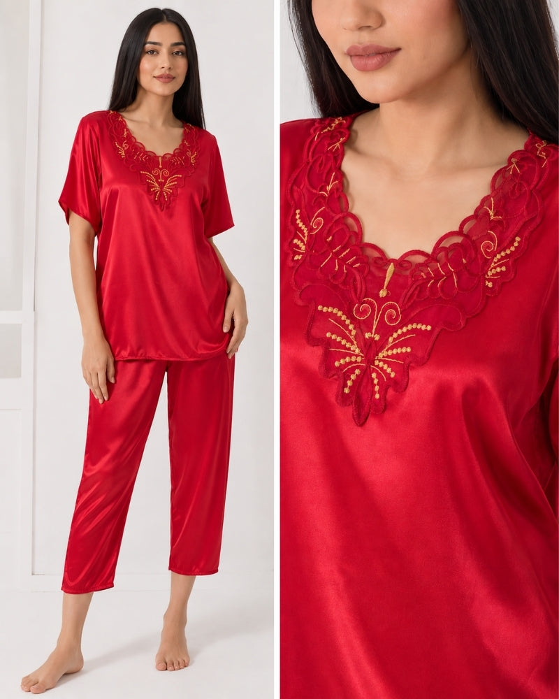 Scarlet Elegance Lace Satin Nightwear Set