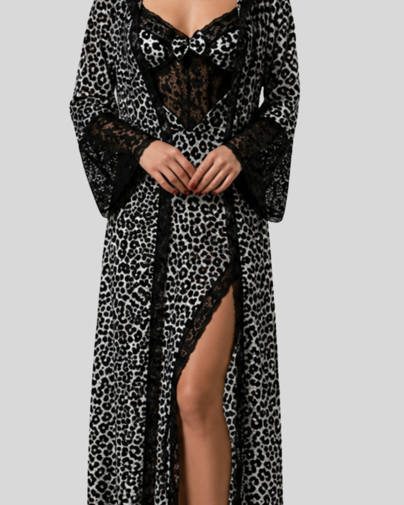 Grey Leopard Lace Three-Piece Robe Set