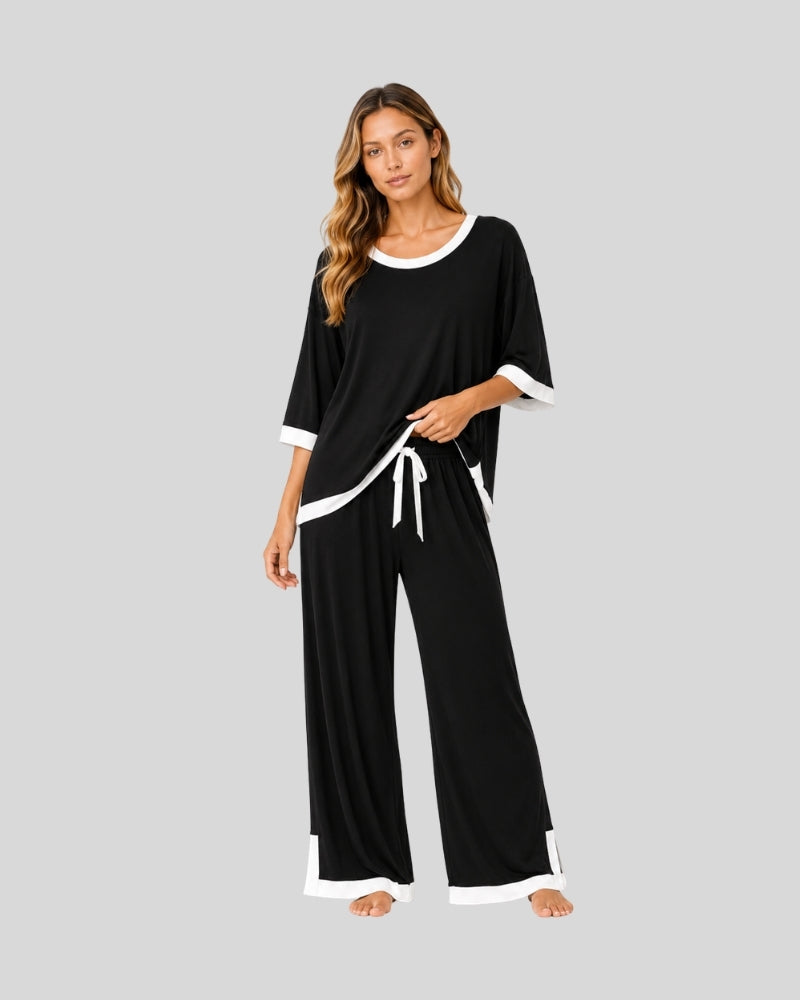Black White Round Neck Contrast Lounge Set