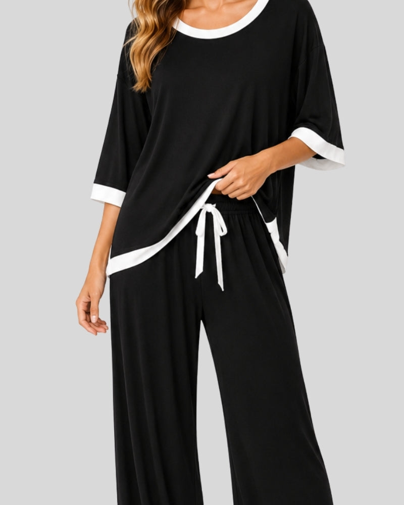 Black White Round Neck Contrast Lounge Set