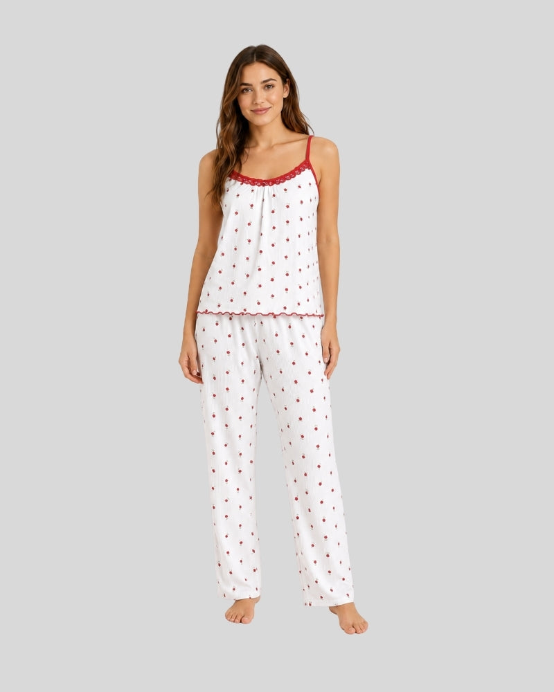 Red Floral Cotton Rib Pajama Set