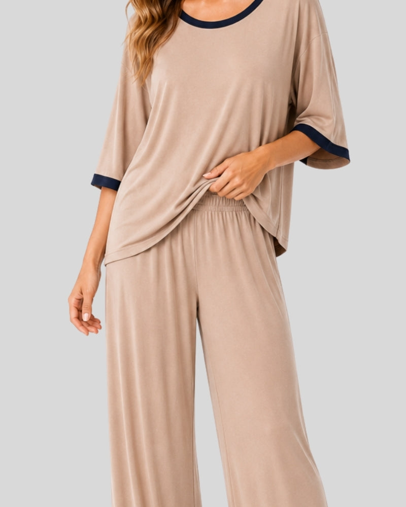Coffee Color with Black Round Neck PJ Set