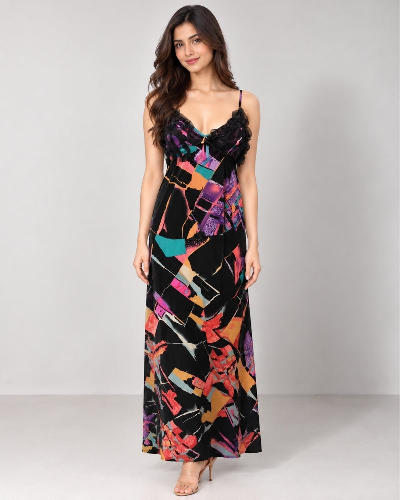 Neon Mosaic Satin Maxi Nightdress