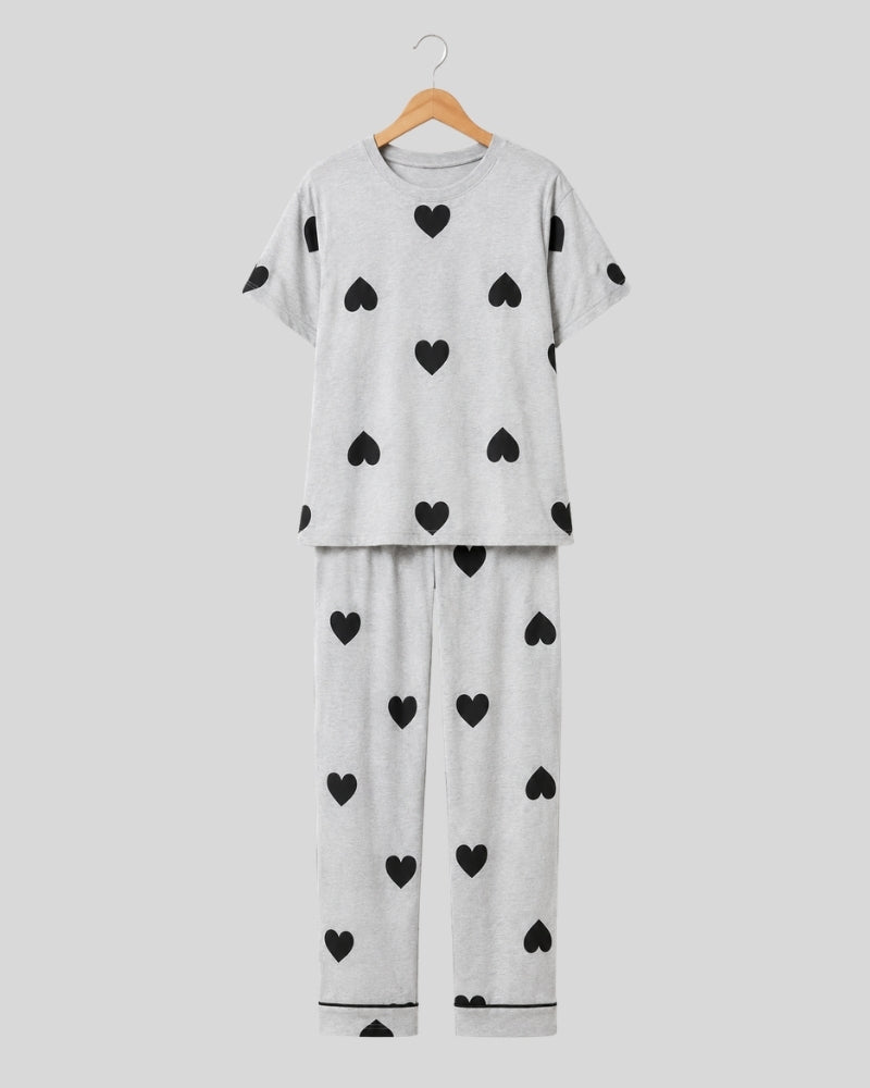 Grey With Black Multi Hearts Printed PJ Set