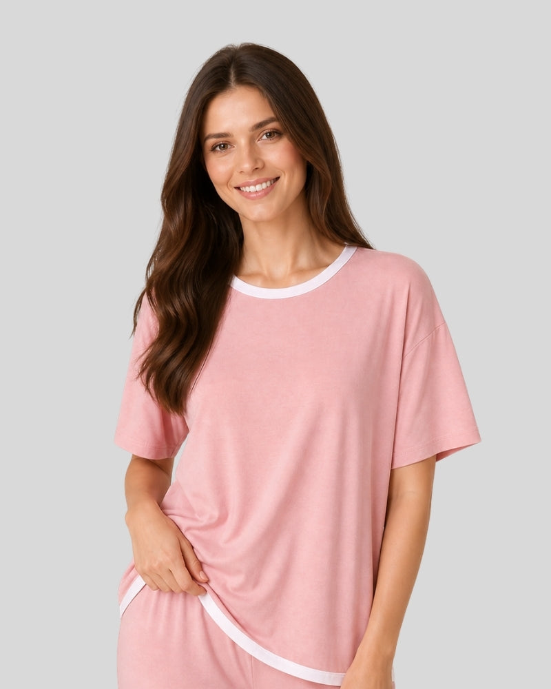 Rose Pink Contrast Trim Lounge PJ Set