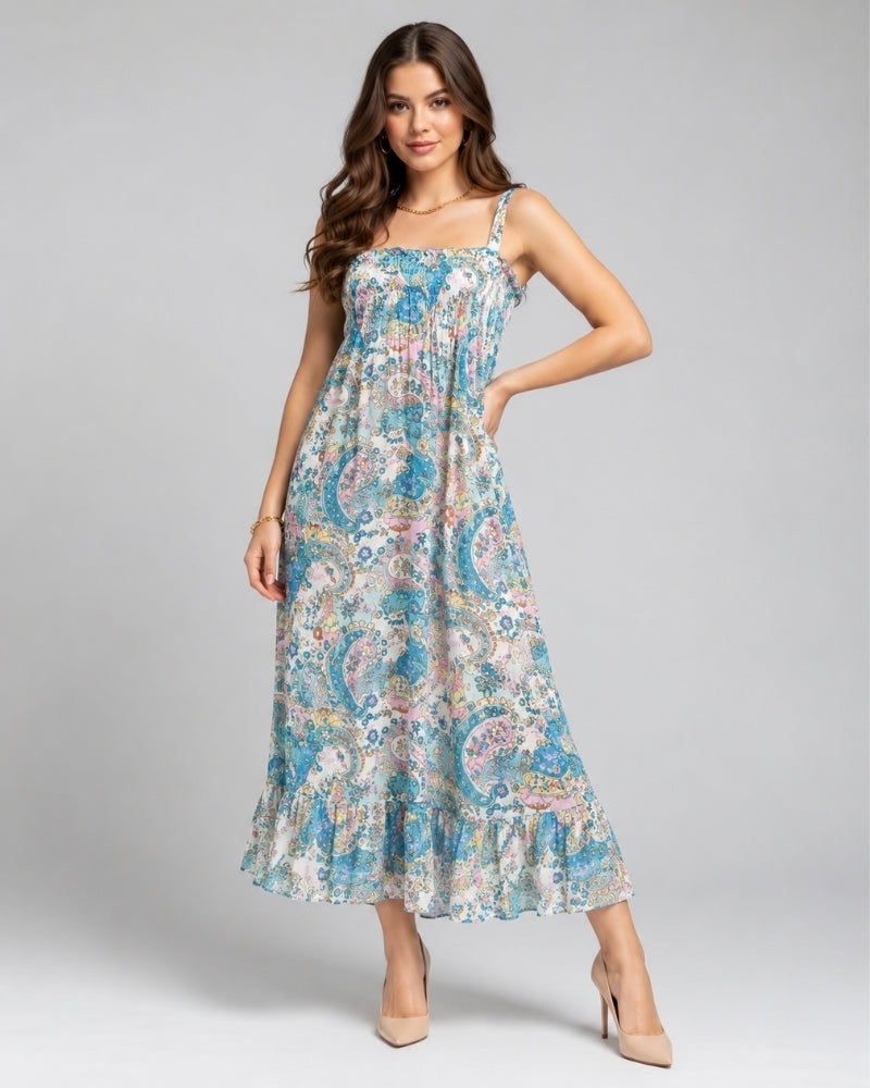 Aqua Paisley Ruffle Maxi Nightdress