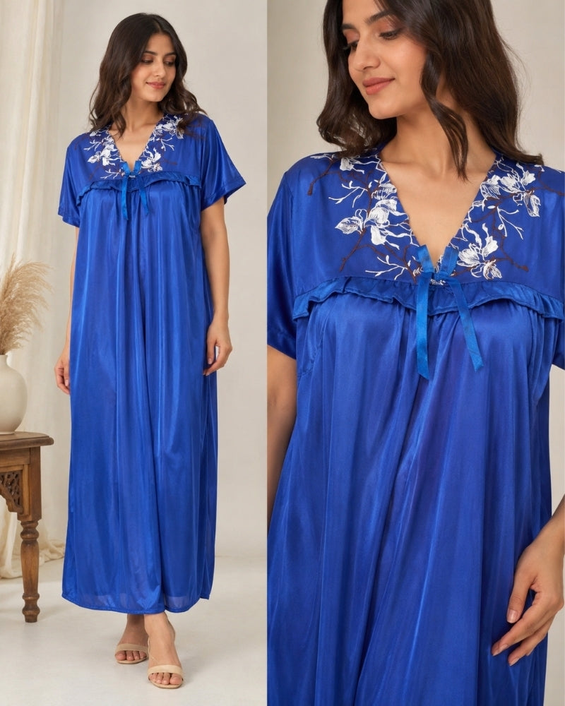 Royal Blue Bloom Satin Maxi Nightdress