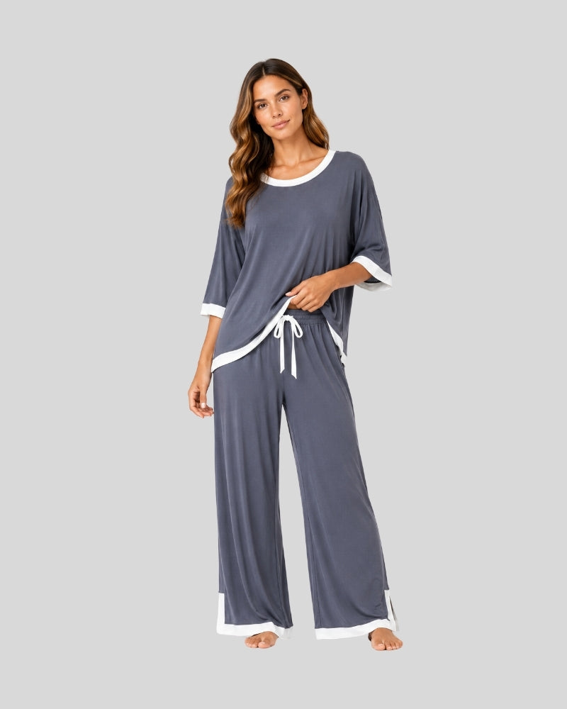 Grey White Round Neck Contrast Lounge PJ Set