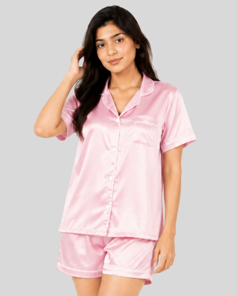 Blush Pink Satin Piping Night Suit