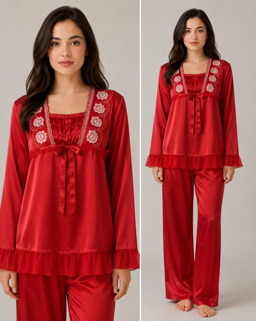 Scarlet Blossom Satin PJ Set