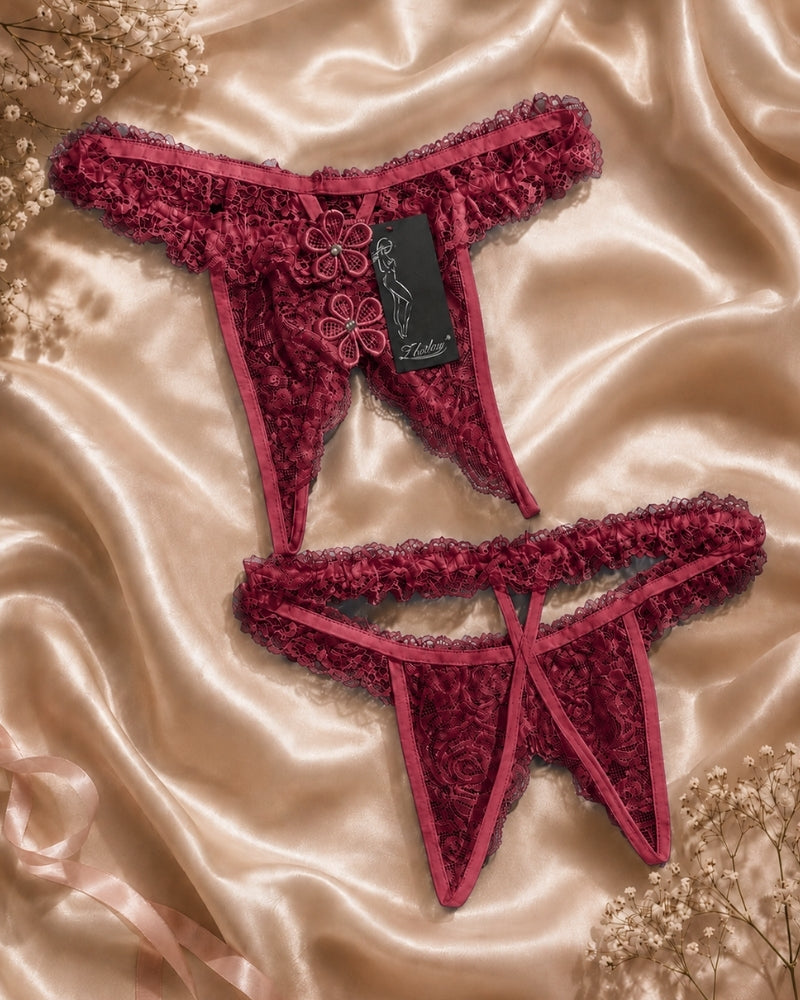 Maroon Bloom Lace Thong