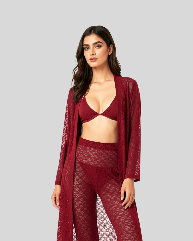 Crimson Net Lace Lace Dress