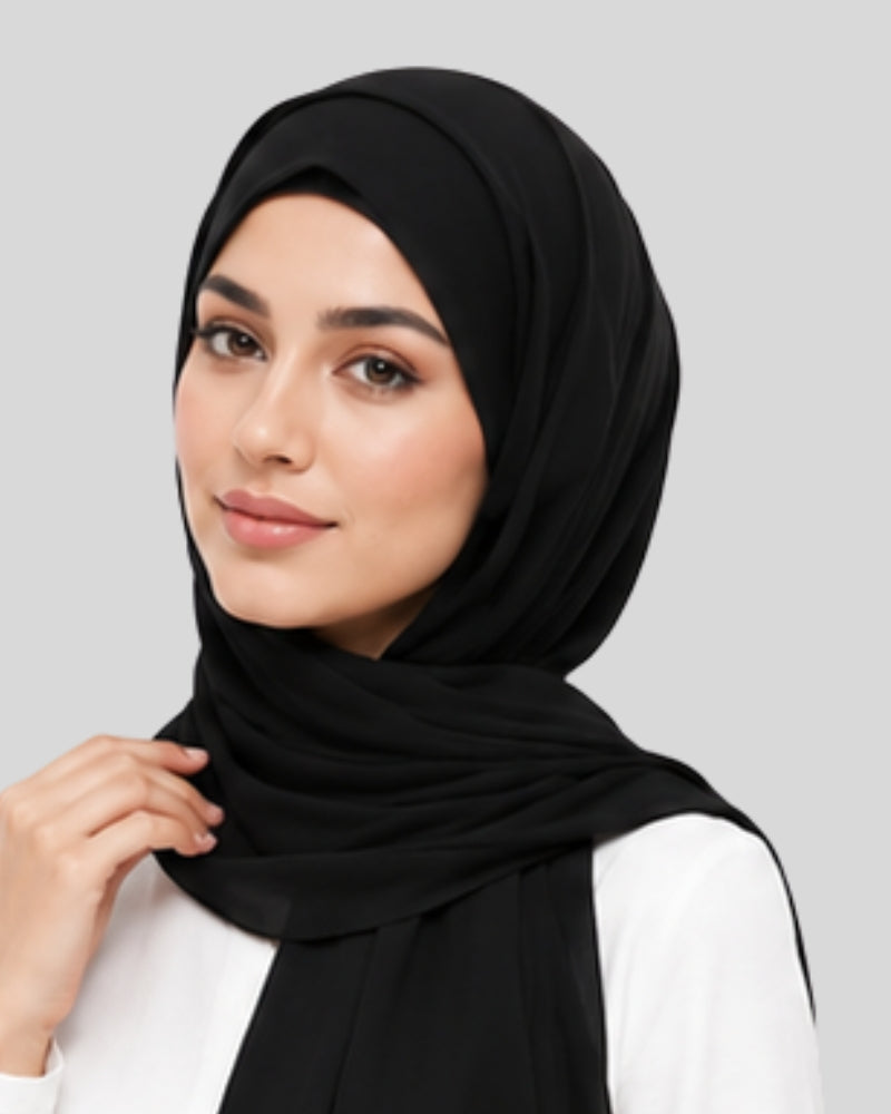 Midnight Black Modest Chiffon Hijab with Built-in Magnets