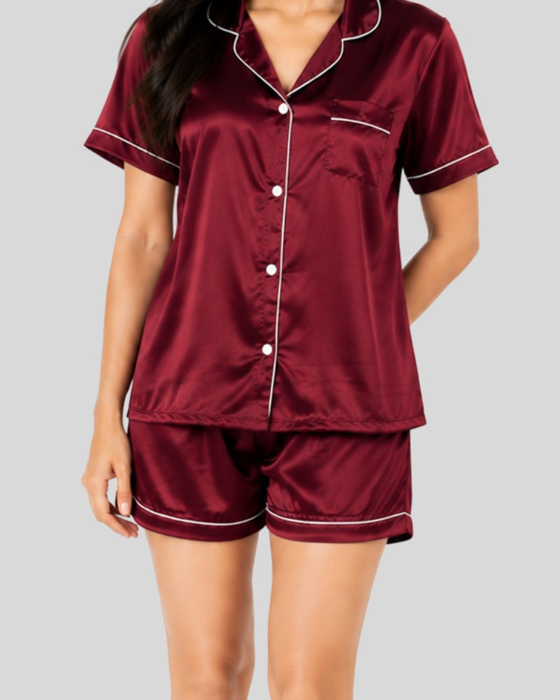 Wine Red Satin Piping Night Suit