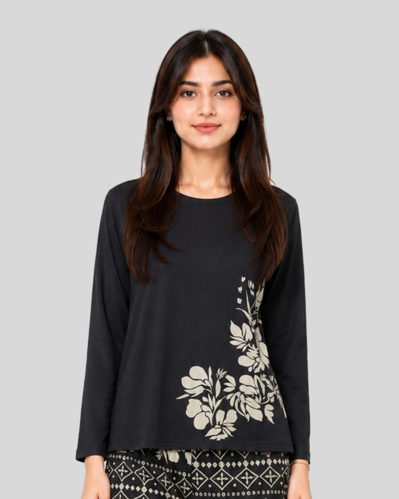 Black Leaves Printed Lounge PJ Set
