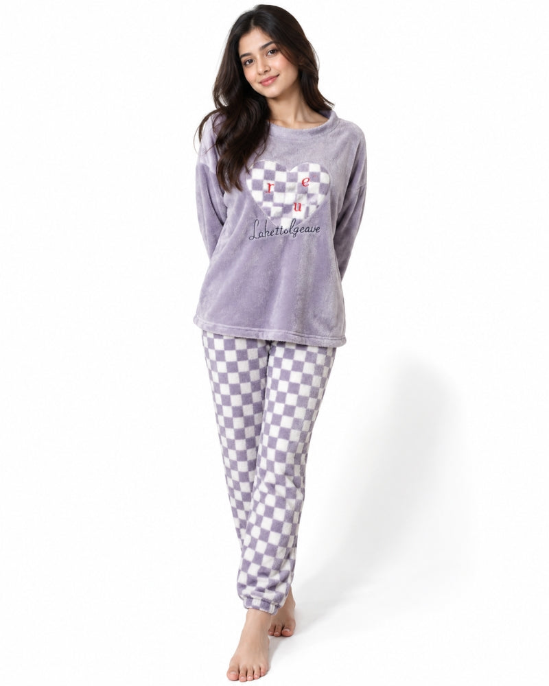 Cozy Checkered Heart Plush Winter Pajama Set – Lavender
