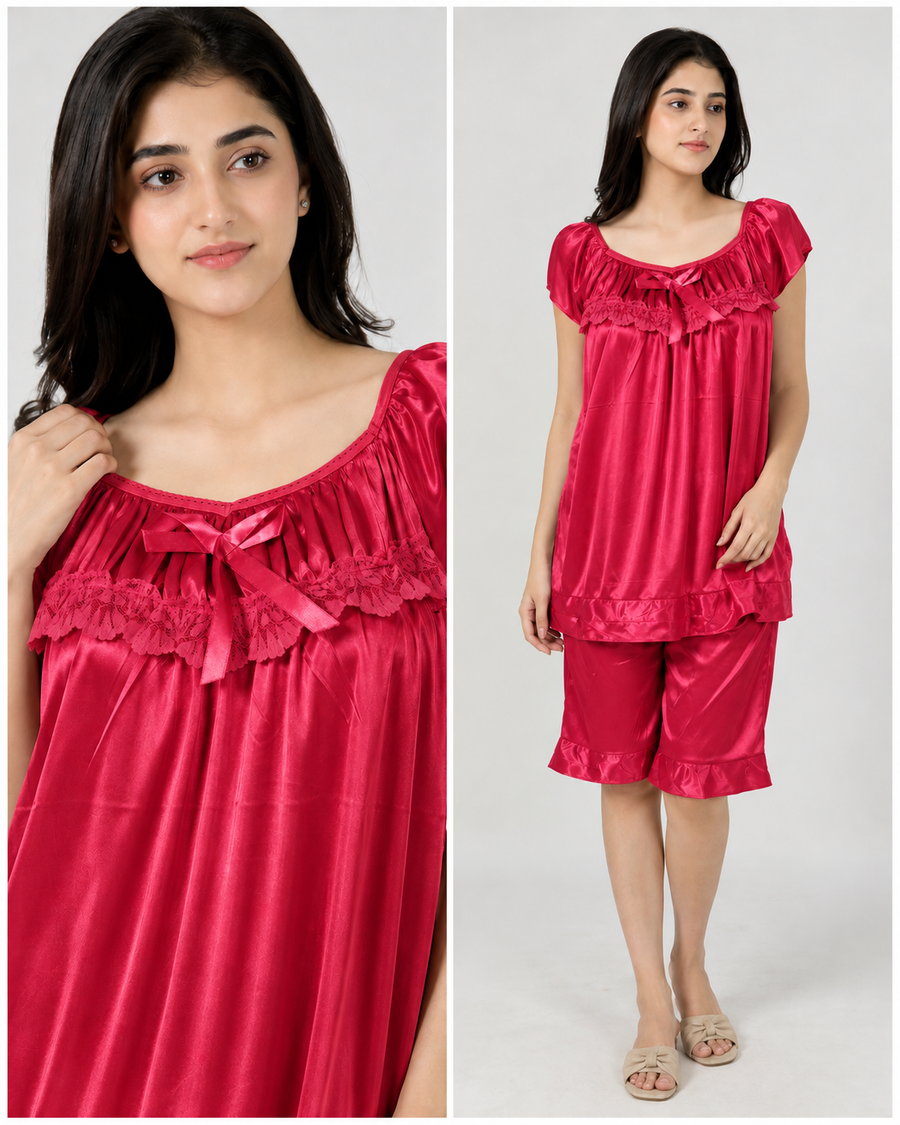 Rose Red Satin Lace Nightwear Set