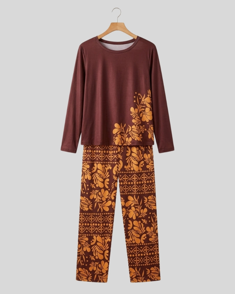 Maroon Leaves Printed Lounge PJ Set