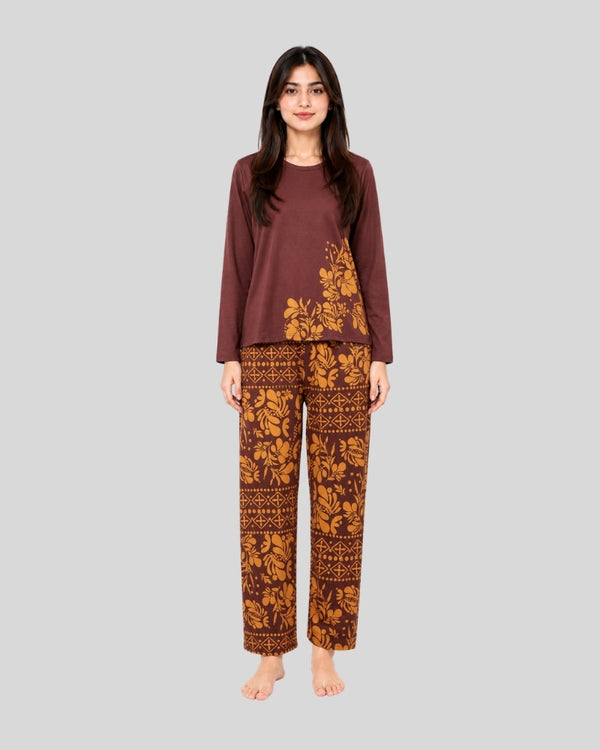 Maroon Leaves Printed Lounge PJ Set