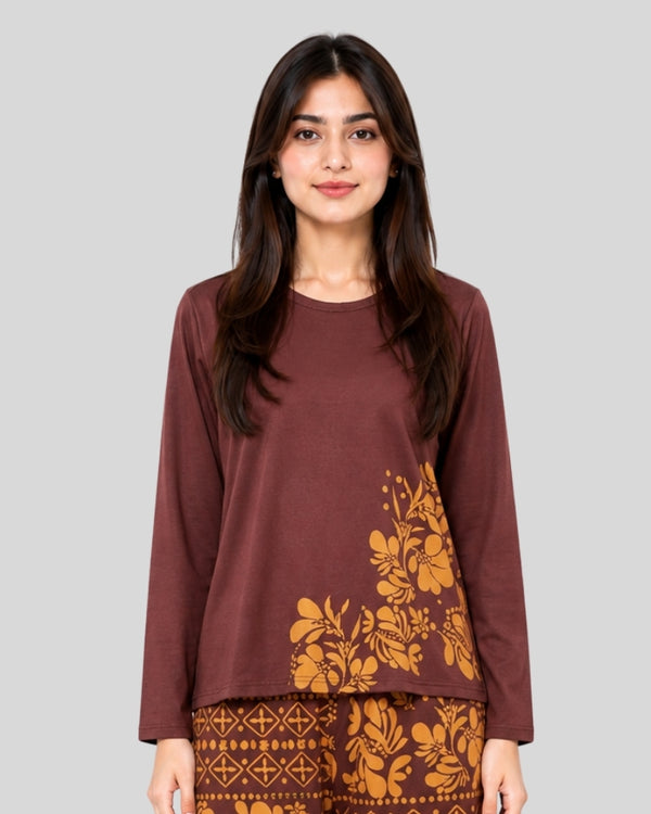 Maroon Leaves Printed Lounge PJ Set